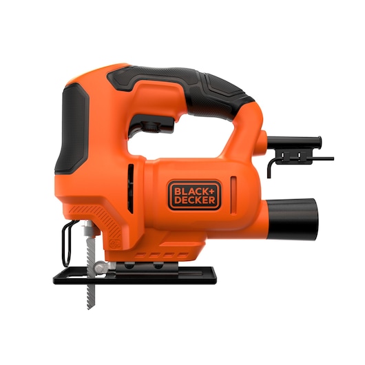 BLACKDECKER BES603 jigsaw side angle, orange and black body, ergonomic handle, visible blade and dust port.