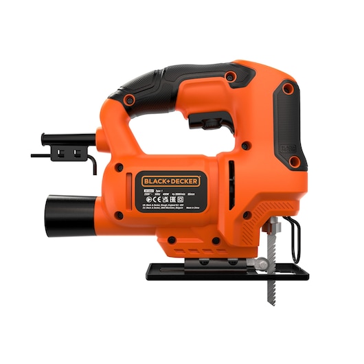 BLACK+DECKER BES603 orange and black electric jigsaw, side view, with visible handle and control buttons.