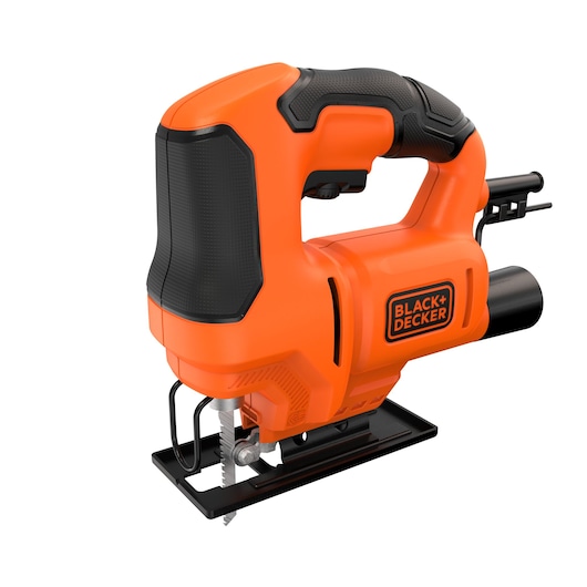 Photo of BLACK+DECKER BES603 jigsaw in orange and black, side angle on white background.
