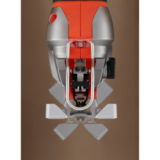 BLACKDECKER BES610K jigsaw front view showing metal blade guard and red and silver body.