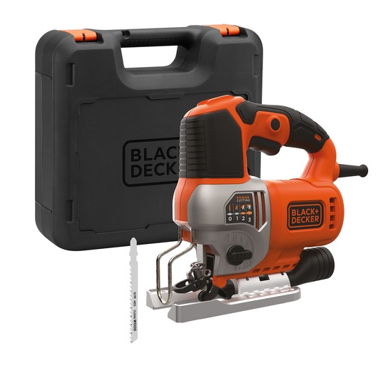 BLACK+DECKER BES610K orange and black jigsaw with blade, plastic carry case, front angle on white background.