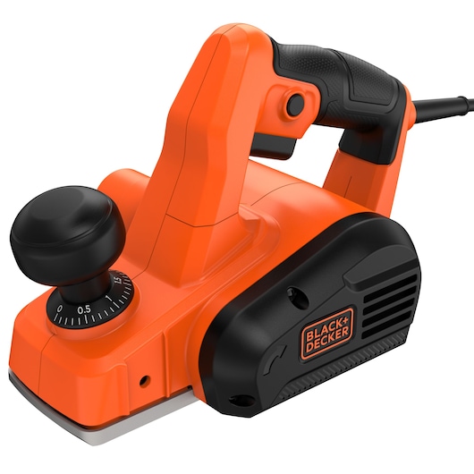 A close-up image of a BLACK+DECKER electric hand planer, model BEW712, featuring an ergonomic handle and adjustment knob. The planer is orange and black with the brand logo visible.