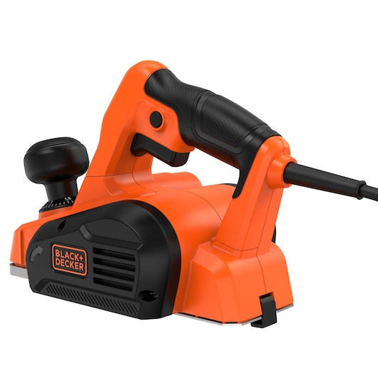 A close-up image of a BLACK+DECKER electric hand planer, featuring an orange and black design with a cord attached.
