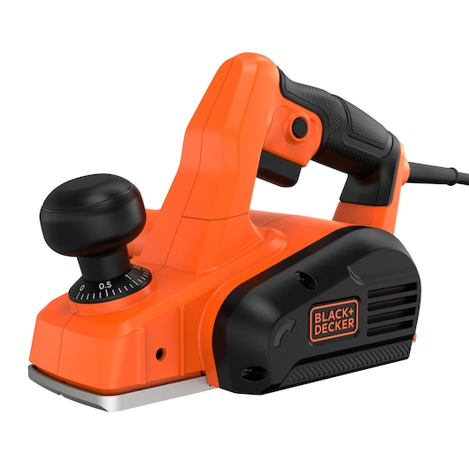 A BLACK+DECKER electric planer with an orange and black design, featuring a control knob for depth adjustment and a sturdy handle.