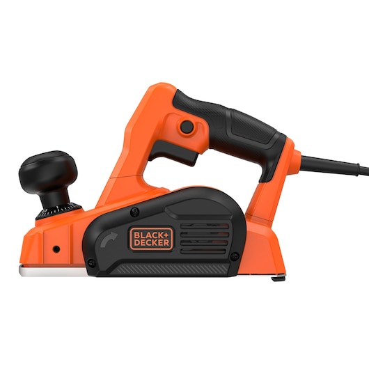 The image shows a BLACK+DECKER electric planer, model BEW712, in orange and black. The tool is designed for woodworking and has a corded handle and adjustment knob, prominently displaying the brand logo on its side.