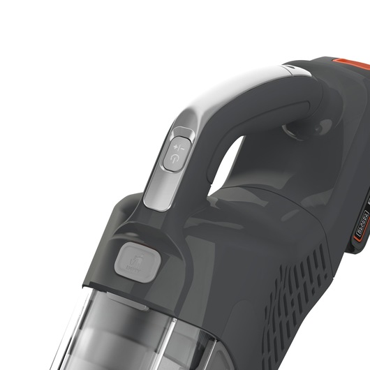 BLACK+DECKER BHFEA18D1 handheld vacuum, black and silver, close-up of handle and control buttons, white background.