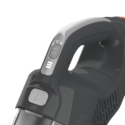 BLACK+DECKER BHFEA18D1 handheld vacuum cleaner close-up, showing power button and empty button, white background.