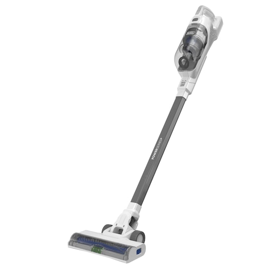 BLACKDECKER BHFEA420J cordless stick vacuum, side angle, gray and white, clear dust bin.