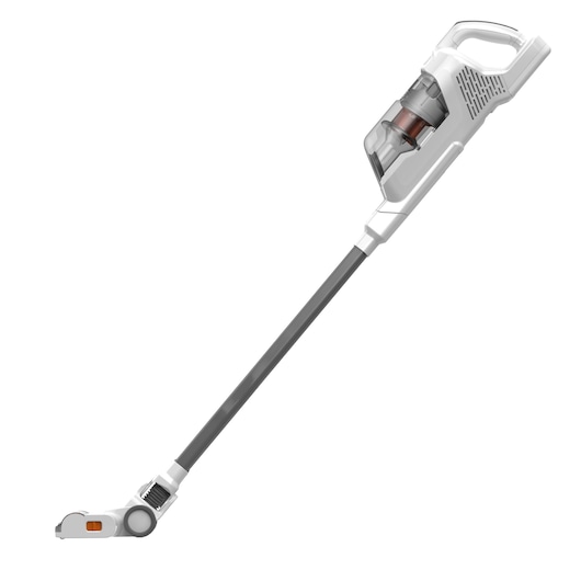 A BLACK+DECKER cordless stick vacuum cleaner with a white and grey design, featuring a transparent dust container and long handle.