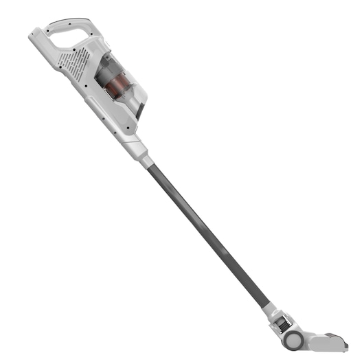 A BLACK+DECKER cordless stick vacuum cleaner with a transparent dust container and a slim, lightweight design.