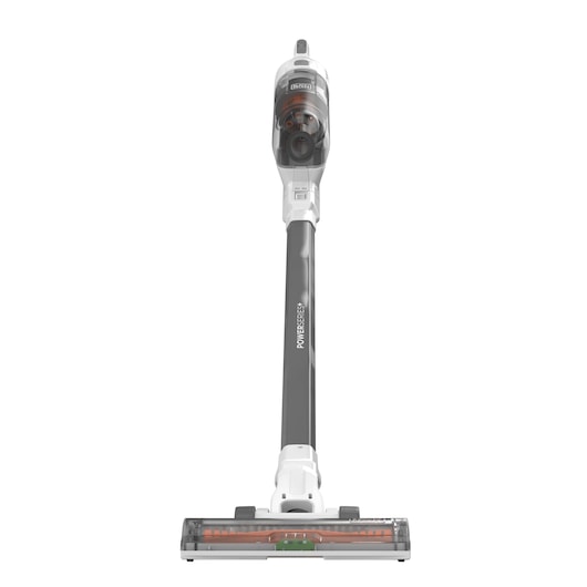 Front view of a BLACK+DECKER cordless stick vacuum cleaner with a long handle, transparent dust container, and motorized brush head, standing upright on a white background.