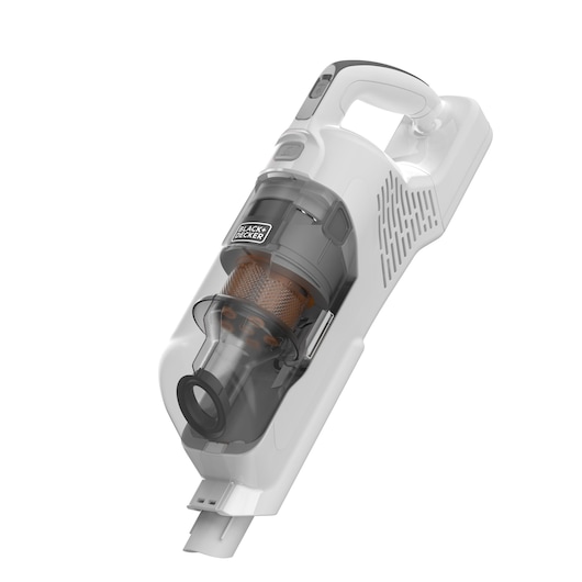 A BLACK+DECKER handheld cordless vacuum cleaner with a transparent dust container and white body.