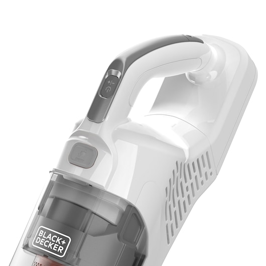Close-up view of a BLACK+DECKER handheld vacuum cleaner handle, showing the power and suction buttons and a transparent dust container.