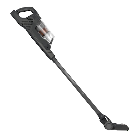 A cordless stick vacuum cleaner with a transparent dust container and a sleek black design, shown on a white background.
