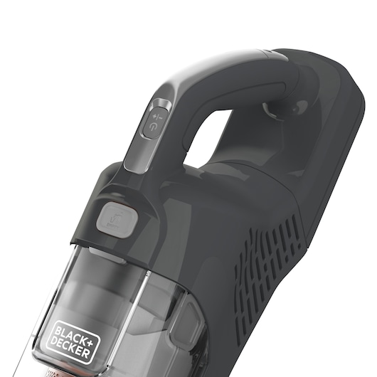 Close-up of a BLACK+DECKER handheld vacuum cleaner, showing the handle with control buttons and the transparent dust container.