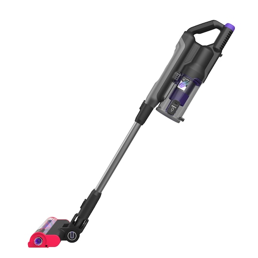 A BLACK+DECKER cordless stick vacuum cleaner with a long handle, transparent dust container, and a brush head with red and purple accents.
