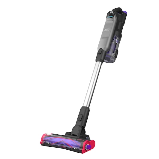 BLACK+DECKER BHFEA640WP cordless stick vacuum cleaner, silver and black, side angle on white background.