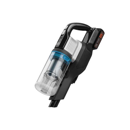 A BLACK+DECKER handheld vacuum cleaner with a transparent dust container and black and silver design. The vacuum features a blue accent near the dust chamber and a removable battery pack visible at the rear.