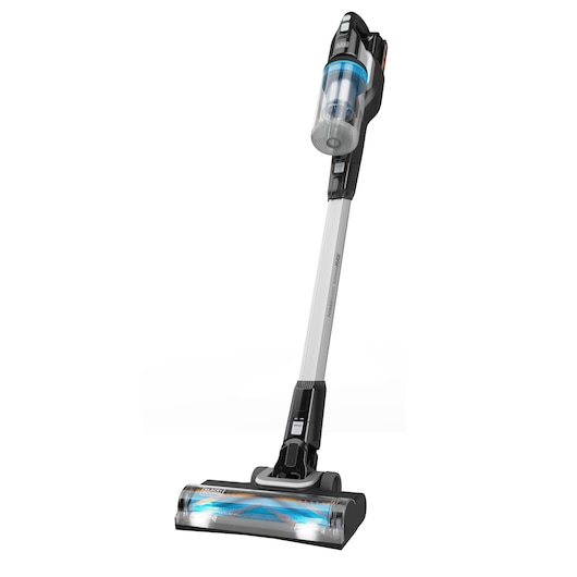 BLACK+DECKER BHFEB520D1 cordless stick vacuum cleaner, silver and black, angled front view on white background.