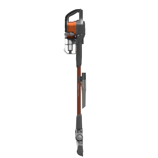 Side view of a cordless stick vacuum cleaner with an orange and black design, featuring a transparent dust container and a slim extendable wand.