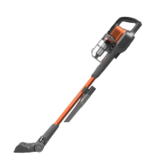 A BLACK+DECKER cordless stick vacuum cleaner with an orange and grey design, shown on a white background.