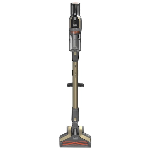 A BLACK+DECKER cordless stick vacuum cleaner with a gold and black design, shown standing upright on a white background.