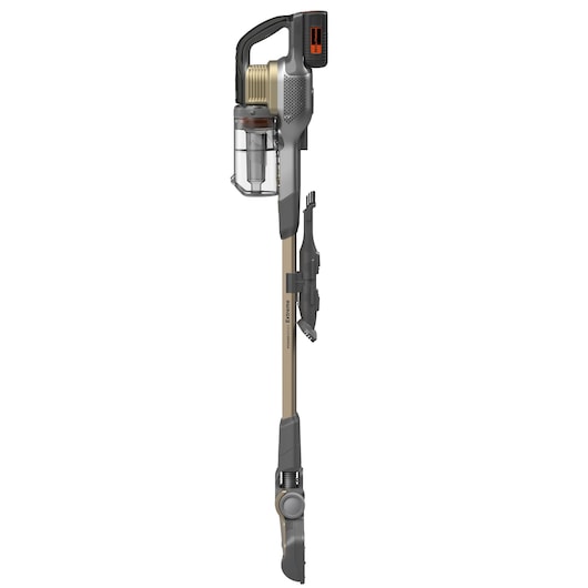 A BLACK+DECKER cordless stick vacuum cleaner with a slim design, transparent dust container, attached accessory holder, and gold and black color accents.