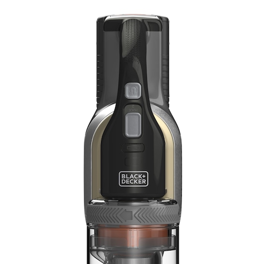 Close-up front view of a BLACK+DECKER cordless vacuum cleaner, showing the control buttons and the brand logo on the handle.