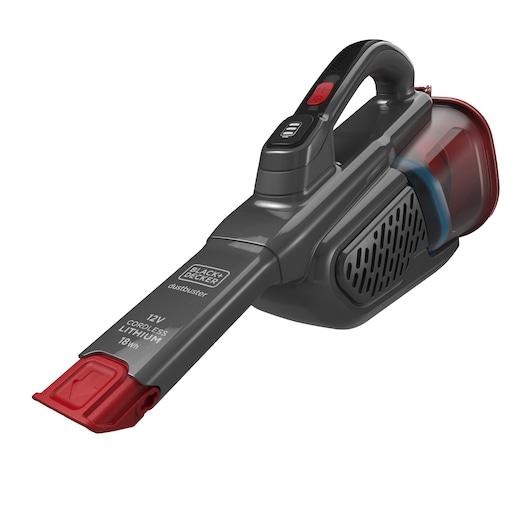 A BLACK+DECKER cordless handheld vacuum cleaner with a sleek black and red design, featuring a long nozzle and ergonomic handle.