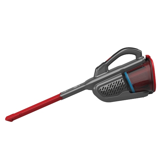 A BLACK+DECKER handheld stick vacuum cleaner with a red and grey body, featuring a long, slim nozzle and ergonomic handle, photographed on a white background.