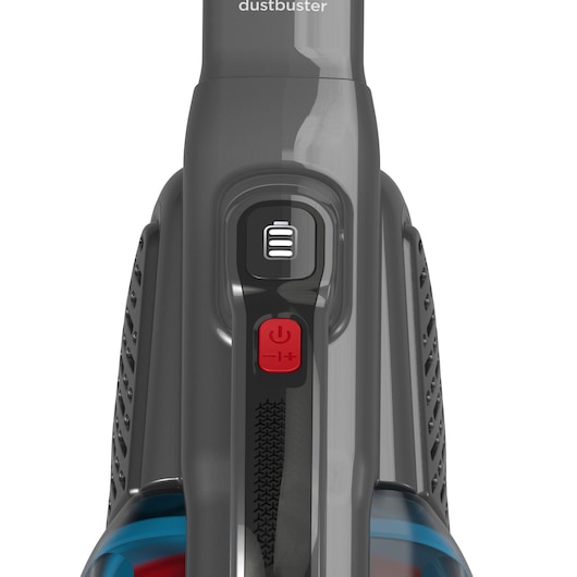 Close-up view of the control buttons on a BLACK+DECKER handheld vacuum cleaner, model BHHV315J, showing a red power button and a black battery indicator button.