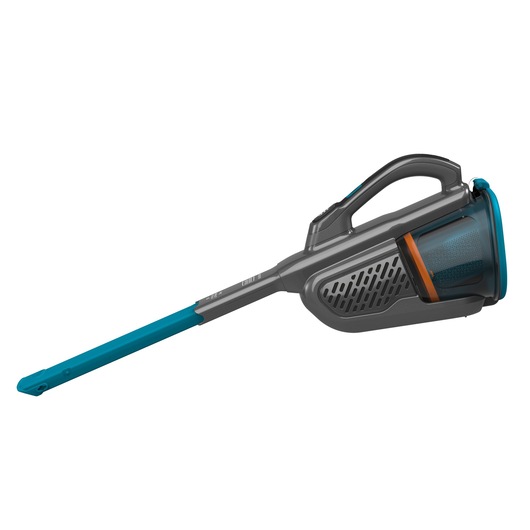 A BLACK+DECKER handheld cordless vacuum cleaner with a long, slim blue nozzle and a sleek grey and orange body, shown on a white background.