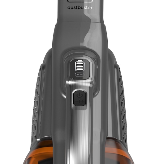 Close-up view of the control buttons and filter indicator on a BLACK+DECKER Dustbuster handheld vacuum cleaner in grey and orange.