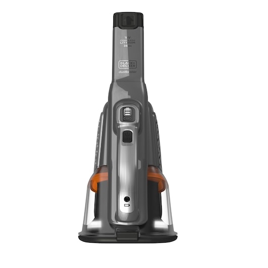 Front view of a BLACK+DECKER handheld cordless vacuum cleaner, model BHHV520BT, featuring a grey and orange design and visible control buttons.