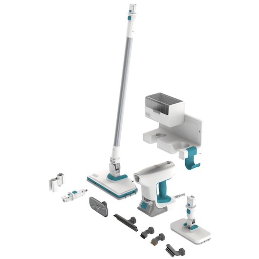 BLACKDECKER BHSM15FX10 steam mop kit with white and teal handheld unit, extension wand, various brush attachments, wall mount, and accessories shown on white background.