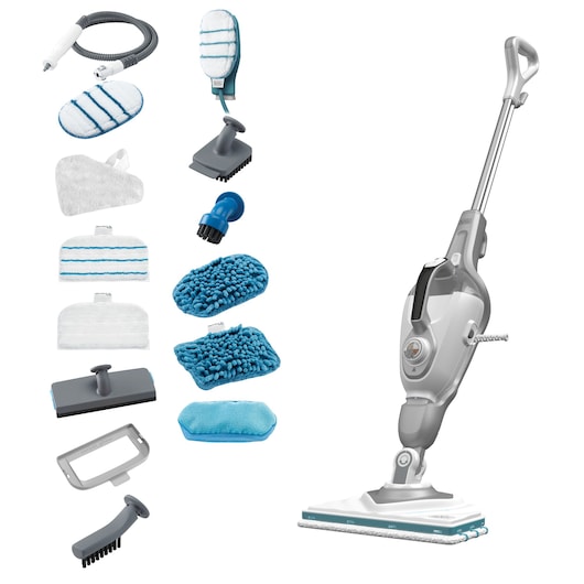 BLACKDECKER BHSM1615DSG steam mop with handle and multiple blue and white cleaning attachments, photographed on white background.