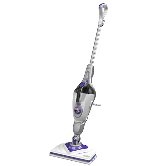 A BLACK+DECKER steam mop, model BHSM1615DSM, shown angled on a white background. The mop has a long handle, a triangular cleaning head, and features a combination of gray, white, and purple colors.