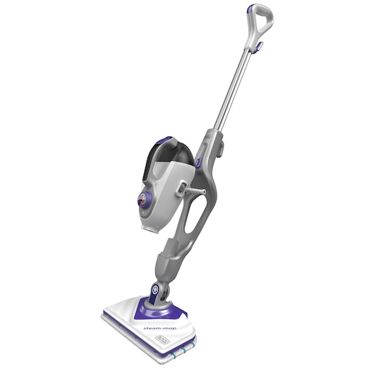 A BLACK+DECKER steam mop with a detachable handheld unit, featuring a grey and purple design, shown against a white background.