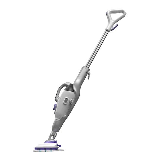 A BLACK+DECKER steam mop with a long handle, grey and purple accents, designed for cleaning floors.