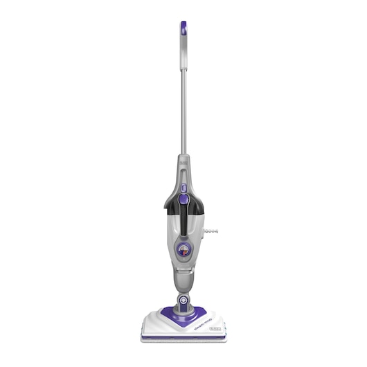 A front view of a BLACK+DECKER steam mop with a white and gray body accented with purple, designed for cleaning floors.