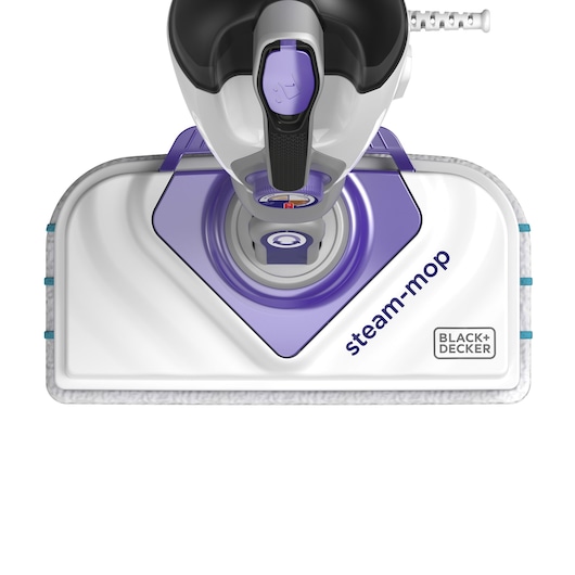 Close-up front view of a BLACK+DECKER steam mop, showing the mop head with purple and white design and 'steam-mop' branding.