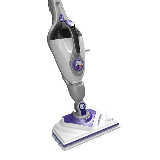 A BLACK+DECKER steam mop with a white and purple design, featuring a rectangular cleaning head and ergonomic handle.