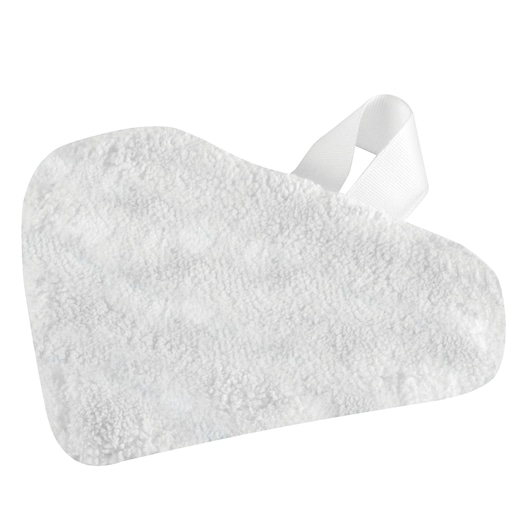 A white microfiber steam mop pad with a loop strap, designed for cleaning with a floor steam mop.