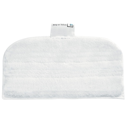 A white microfiber mop pad with a Velcro attachment tab, designed for use with a floor steam cleaner.