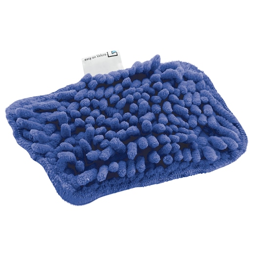 A blue microfiber mop pad with textured chenille surface and a small tag showing Velcro attachment.
