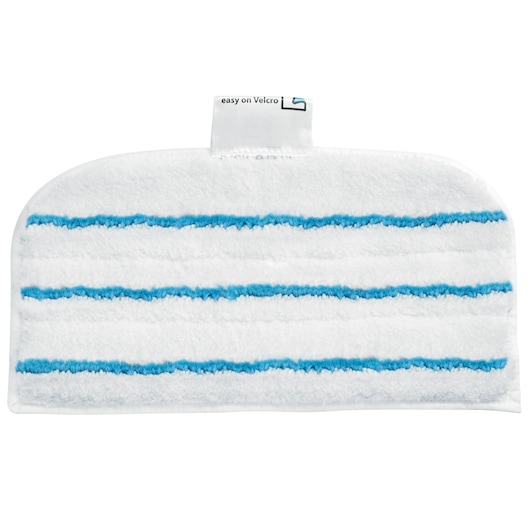A close-up image of a white microfiber mop pad with horizontal blue stripes and a tab labeled 'easy on Velcro.'