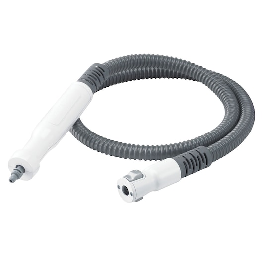 A coiled grey and white hose with two connectors at each end, designed as an accessory for steam cleaning or floor cleaning devices.
