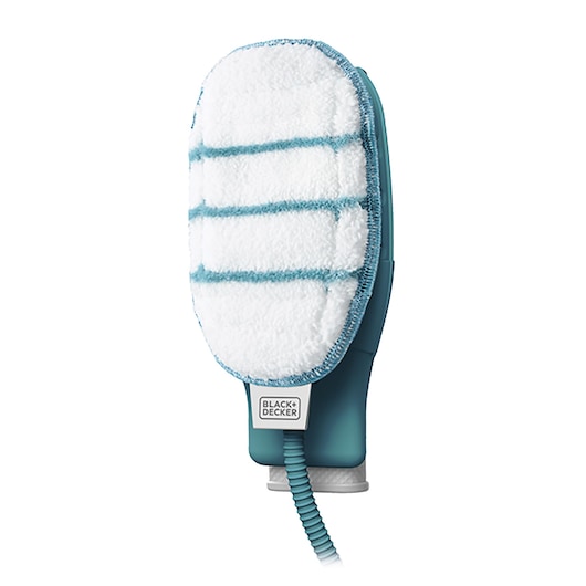 A BLACK+DECKER handheld cleaning device with a white and blue microfiber pad attachment, suitable for steam cleaning surfaces.