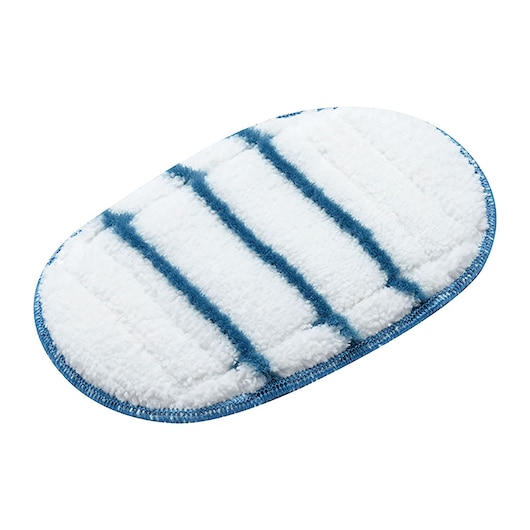 A close-up of a white oval cleaning pad with blue stripes and blue edging, suitable for use with a steam mop.