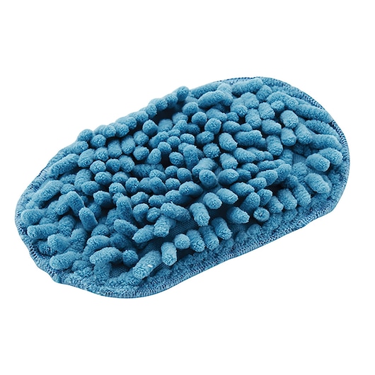 A close-up image of a blue chenille microfiber mop pad with thick, textured cleaning strands.